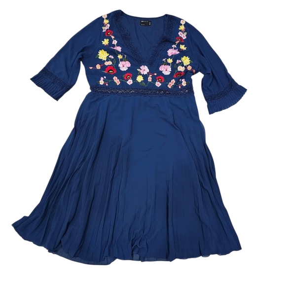 Asos Lace insert pleated Floral Embroidery Midi Dress Navy - Picture 5 of 11